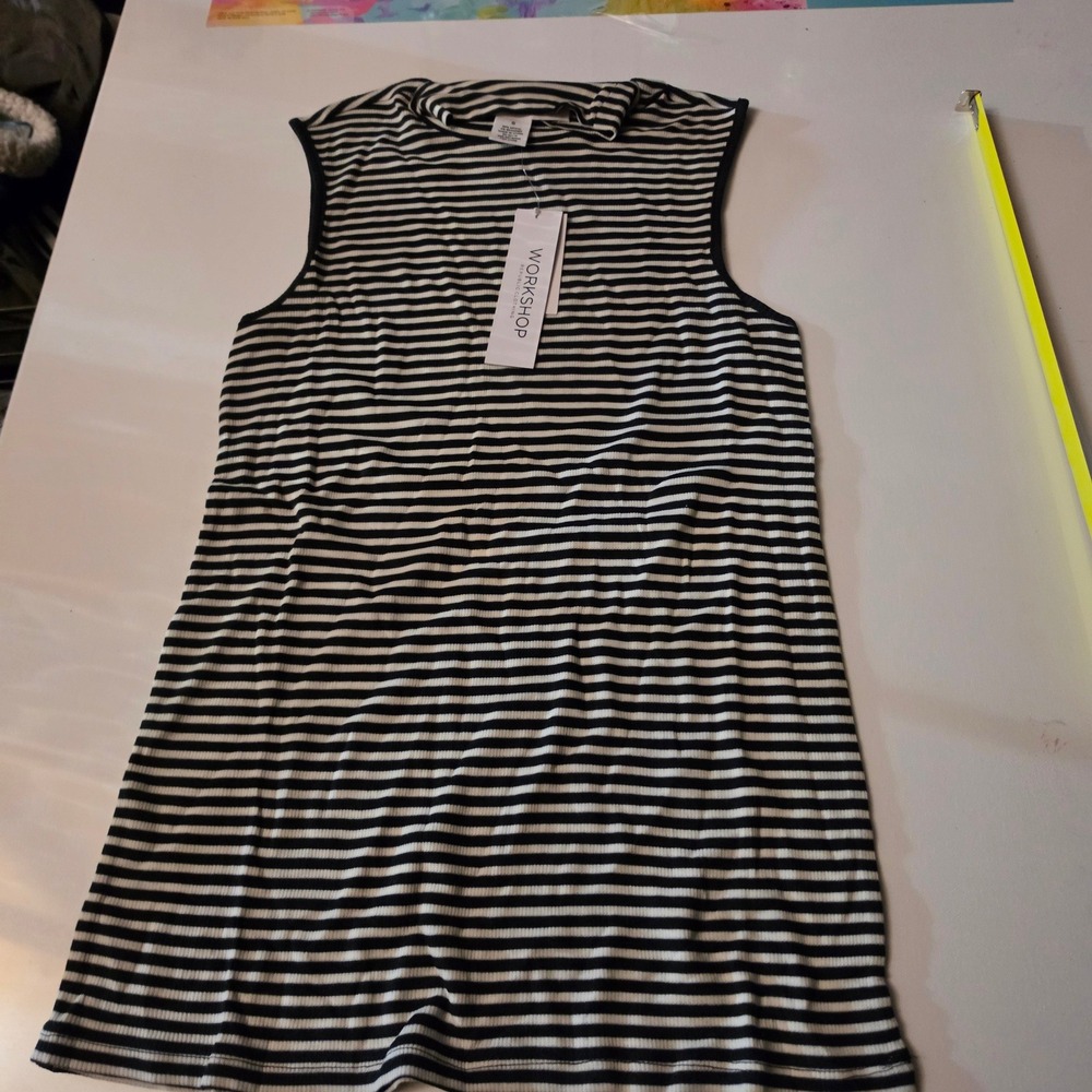 Workshop Republic Clothing Womens Striped Mock Neck Sleeveless Ribbed Top Small
